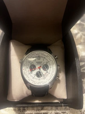 AVIATOR Hora Mundial Cronógrafo Fecha Hombre 44mm Reloj Cuarzo Acero Blanco Tostado Correa Foto 1 de 4