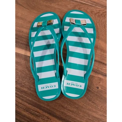 Coach New York Teal White Stripe Jelly Bow Flip Flops Women's Size 7 - Image 1 of 4