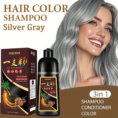 Champú tinte para cabello gris plateado instantáneo 3 en 1 500 ml para hombres y mujeres, fácil de usar Foto 1 de 4