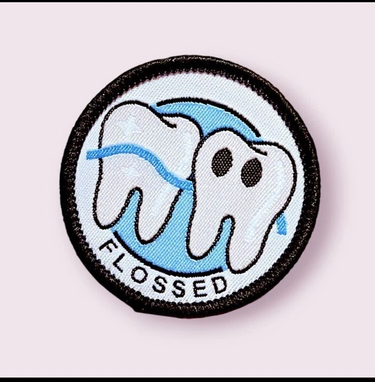 Iron on Embroidered Patch-flossed-Teeth-Dental-A11a-lei-A11a-b1 - Image 1 of 3