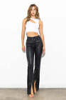 Vibrant M.i.U Women Hi-Rise Leather Pants Front Slit Slim Bootcut Black Casual