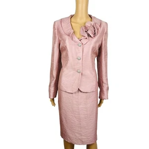Kasper Sz 12P Formal Skirt Suit Pink Metallic Embellished Flower Corsage Wedding - Picture 1 of 24
