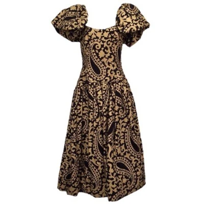 Vtg Formal Dress Gown Black Gold Paisley Puff Sleeve LAWRENCE Neiman Marcus Sz 8 - Image 1 of 4