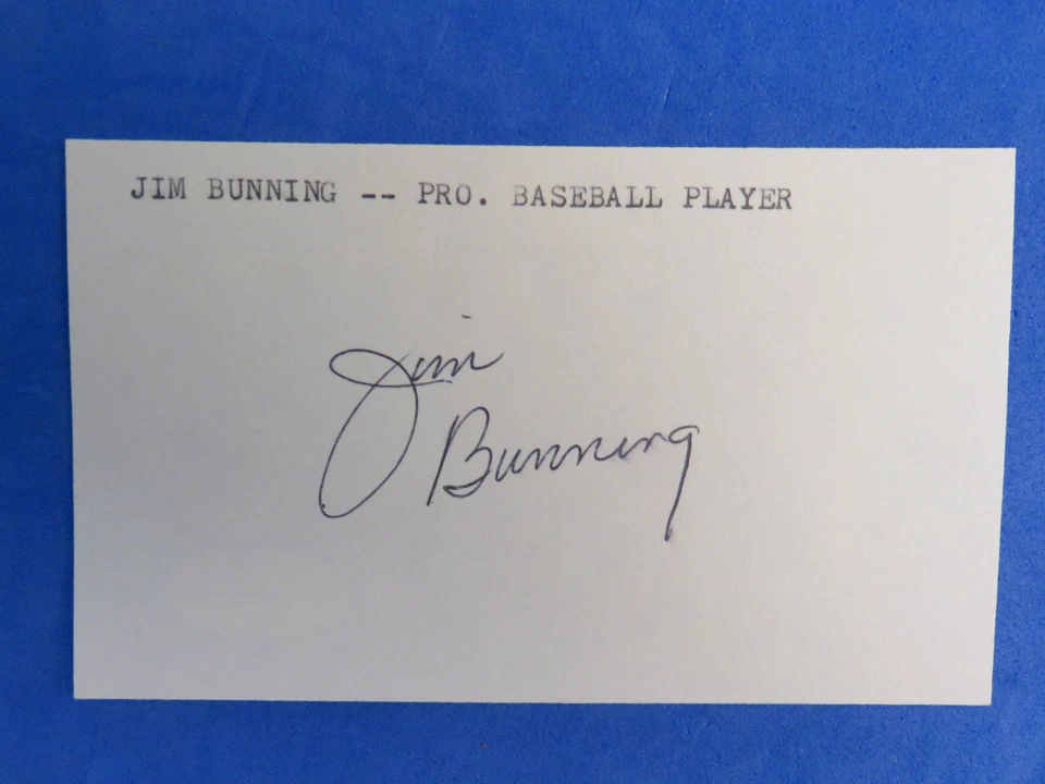 JIM BUNNING SIGNED 3x5 INDEX CARD ~ JSA BASIC STICKER ON BACK ~ - Image 1 of 1