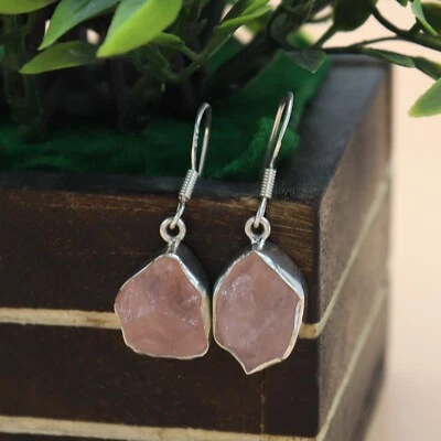 Pendientes colgantes de plata 925 de cristal en bruto con joyería curativa de cuarzo rosa crudo Foto 1 de 4