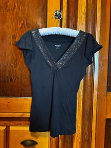 Express Black Sexy Basic Jersey Top w/ Sequin V-Neck & Cap Sleeves Size Small - Picture 1 of 7