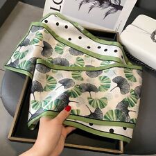 100% Mulberry Silk Shawl Leaves Dots Print Double Layer Neck Oblong Scarf Green