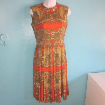 L' Aiglon Vintage 60's Womens Day Dress Size XS Orange Green Fit Flare Rear Zip - Image 1 of 4