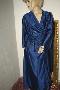 Glanzvoller Vintage Nylon Satin Morgenmantel*Negligee-Mantel dunkelblau MONA 46