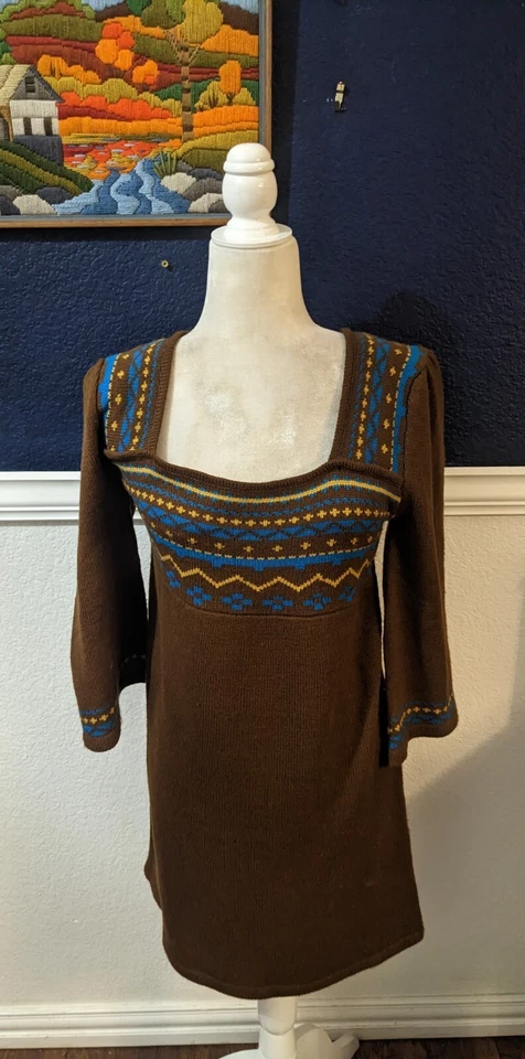Aryeh Anthropologie Boho Brown Embroidered Square Neck Knit Dress Sz Large L - Image 1 of 4