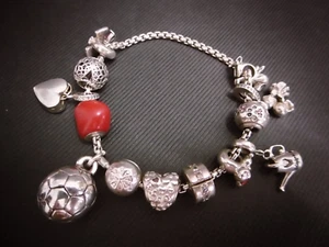 Bezauberndes Bettelarmband 925er Silber inkl. 12 hübscher Anhänger, L. ca. 16 cm - Bild 1 von 4
