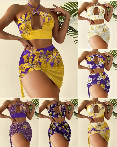 Minnesota Vikings Ladies 2Pcs Cutout Swimsuit Halter Bikini Set with Beach Skirt Cover