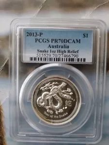 2013 P AUSTRALIA $1 1 OZ SILVER SNAKE HIGH RELIEF PCGS PR70 DCAM FIRST STRIKE - Picture 1 of 3