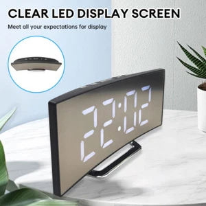 Digital Curved Screen Mirror Clock LED Display Snooze Table Alarm For Bedroom - Picture 1 of 24