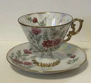 Vintage Norleans October Cosmos Lily Pad Iridescent Pedestal Tea Cup & Saucer - Picture 1 of 6