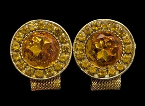 Vintage Large Golden Yellow Rhinestone Mesh Wraparound Men's Jewelry Cuff Links - Picture 1 of 11
