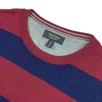 Suéter Nordstrom Para Hombre 100% Lana Cuello Redondo Azul Marino/Borgoña Rayas • XL Foto 1 de 4
