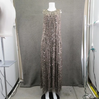 Pisarro Nights Dress Womens 18 Taupe Beaded Sequin Formal Evening Maxi Gown - Image 1 of 4
