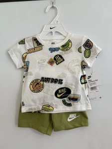 Nike Baby Boy 2 Piece Shirt & Shorts Set ~ Ivory, Pear Green and Multi Color - Picture 1 of 6