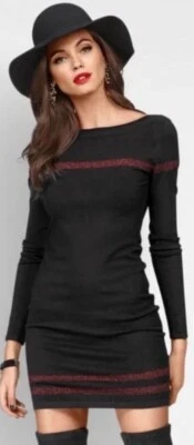 VENUS Black Rose Gold Shimmer Stripe Sweater Mini Dress Holiday Ready-Size XS - Image 1 of 4