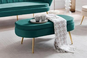 Sitzpouf oval aus Samt Grün/Gold 99x44 cm Sitzhocker Polsterhocker Hocker - Bild 1 von 8