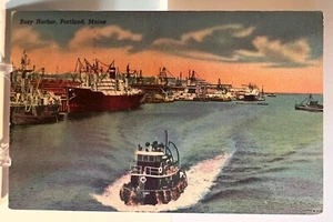 Postal de lino Busy Harbor, PORTLAND, Maine - Imagen a color - Barcos - Imagen 1 de 2