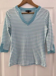 Brooks Brothers 346 Turquoise & White Striped 3/4 Sleeves V Neck T-Shirt Top -XS - Picture 1 of 4