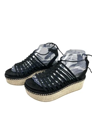 Stuart Weitzman Wedge 36 KNOTAGAIN Caged Gladiator Platform Sandal Black Suede - Image 1 of 4