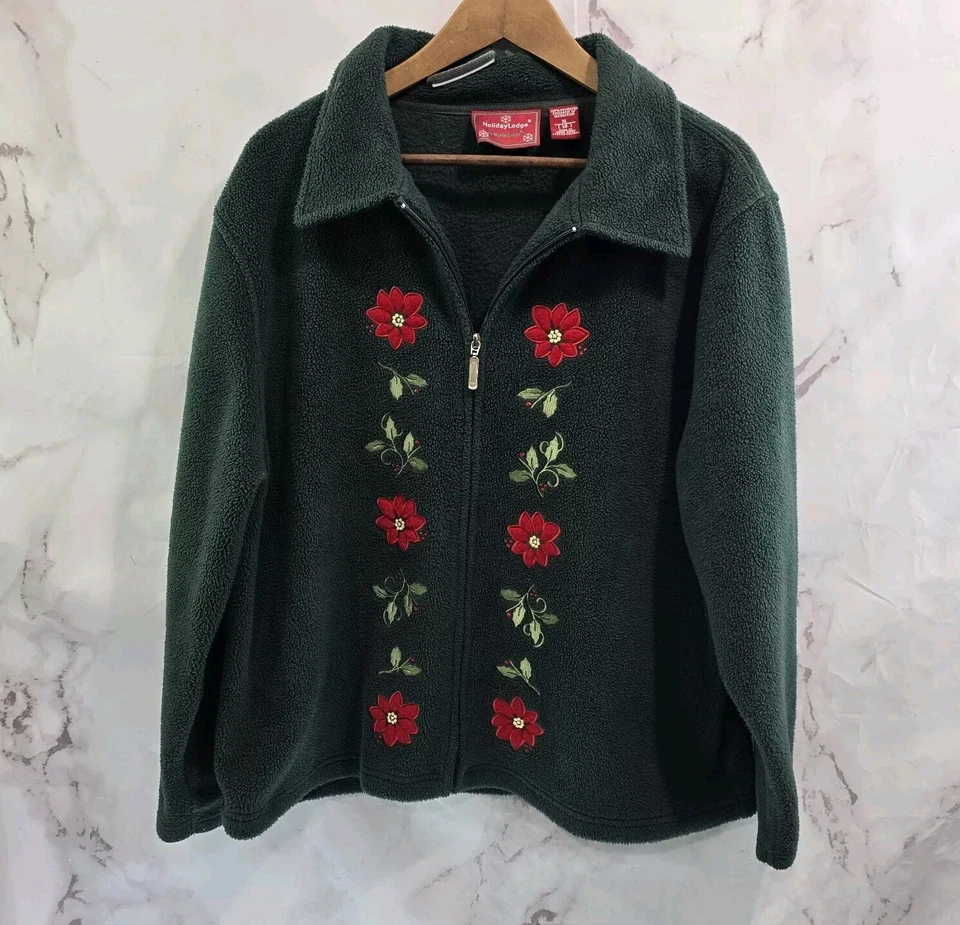 Christmas Sweater Womens XL Green Cardigan 90s Vtg Pointsettia Holly Jacket  - Image 1 of 4