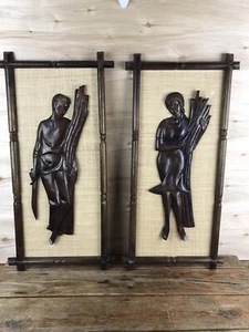 Pair Vtg Mid Century Carved Teak Wood Wall Art Burlap Man Woman Large - Picture 1 of 14
