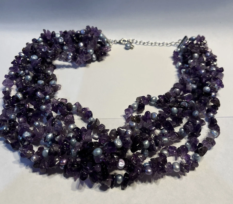 Purple Amethyst 7 Strand Layered Necklace With Pearls 17”-20” - Image 1 of 4