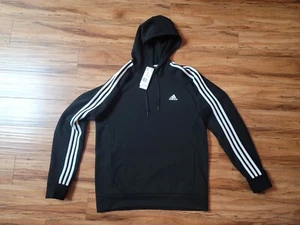 Adidas Mens Sweatshirt Black Fleece Pullover Hoodie Size Large 3 Stripes - Picture 1 of 5