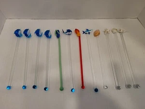 12 Assorted Shells Dolphins etc Glass Swizzle Sticks Stir Cocktail Blown Glass  - Picture 1 of 12