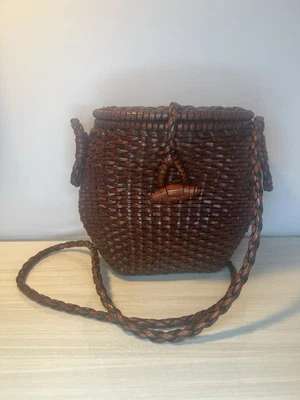 Vintage Ann Taylor Woven Leather Crossbody Bag Boho Saddle Bucket Purse Brown - Image 1 of 4