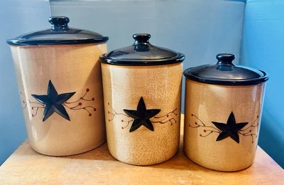 Park Designs Exclusive|Kitchen 3 Canister Set|Beige W Black Star Vine Lid+Gasket - Image 1 of 4