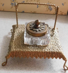 Antique Vintage Metal Base Glass Inkwell with Lid Pen Holder #102 - Picture 1 of 7