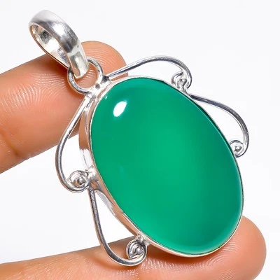 Colgante de plata étnico hecho a mano con piedras preciosas de calcedonia verde 2" PW-19 Foto 1 de 4