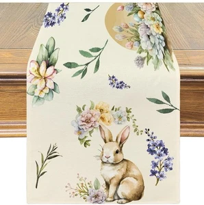 Table Runner Easter Decorations Bunny Watercolor Easter Eggs Flower- Easter Tabl - Picture 1 of 8