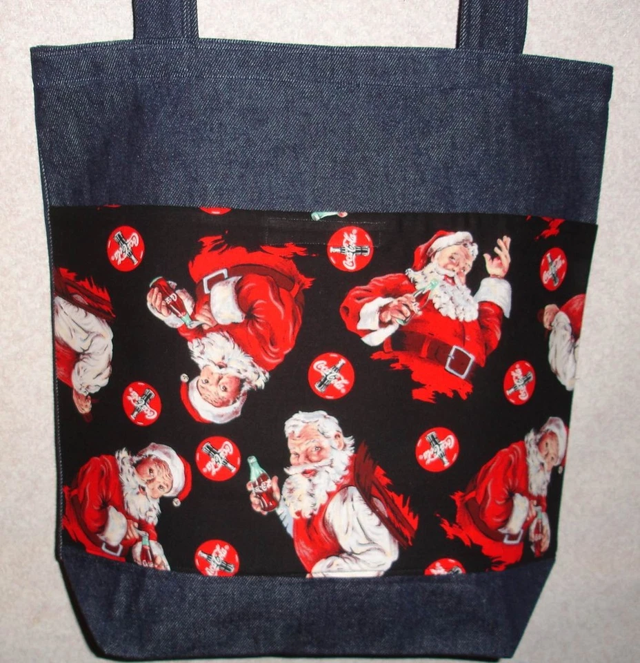 NEW Large Denim Tote Bag Handmade/w Santa Christmas Coke Fabric - Image 1 of 1