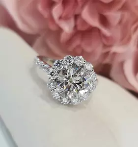Trendy Art Deco 2 CT Round Cut Moissanite Halo Engagement Ring 14K White Gold - Picture 1 of 9