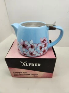 Alfred Ceramic & Stainless Steel Teapot. Light Blue With Pink Flowers - Picture 1 of 3