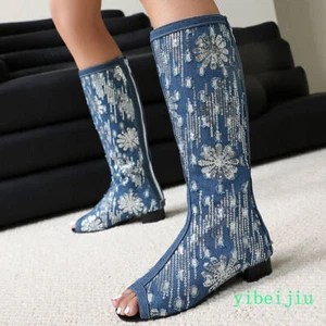 Women's Knee High Denim Jeans Boots Peep Toe Sequins Sandals Ripped Hole Shoes - Picture 1 of 15
