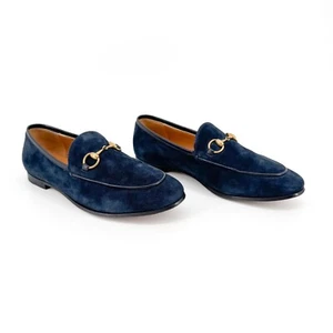 Gucci Jordaan Horsebit Loafer Size 36.5 US 6.5 Navy Blue Suede Slip On Flat Shoe - Picture 1 of 15