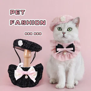 Haustier Prinzessin Baskenmütze & Lätzchen Set - gestrickt, Perlenschleife, für Teddy, Bichon, Katzen - Bild 1 von 26