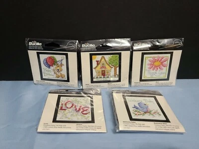 Vintage 3” X 3” Plaid Bucilla Counted Cross Stitch Kit Frame 91919B Set Of 5 - Image 1 of 4