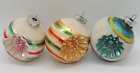 Vtg Lot: 3 Shiny Brite Double Indent Mica Striped Ornaments Blue Green Gold Pink