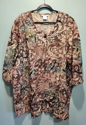 Nuevo Cárdigan Túnica Ulla Popken 1 Snap Marrón Aqua Floral Cuentas Apliques Talla 24/26 Foto 1 de 4
