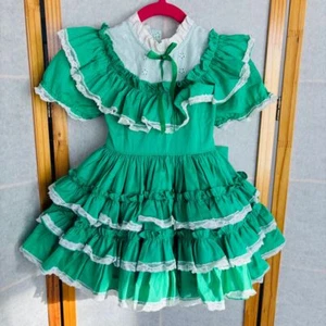 Vintage Girls 4T Circle Dress Small World Pageant Ruffles Green White Frilly - Picture 1 of 12