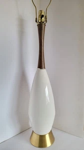Vtg Mid Century Modern Tall White Ceramic & Sculpted Wood Table Lamp 35" - Picture 1 of 7