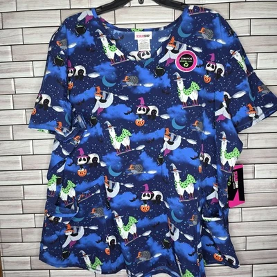 New Scrub Star Women's 3XL Halloween Scrub Sloth Lama Top Work Blue Shirt - Image 1 of 4